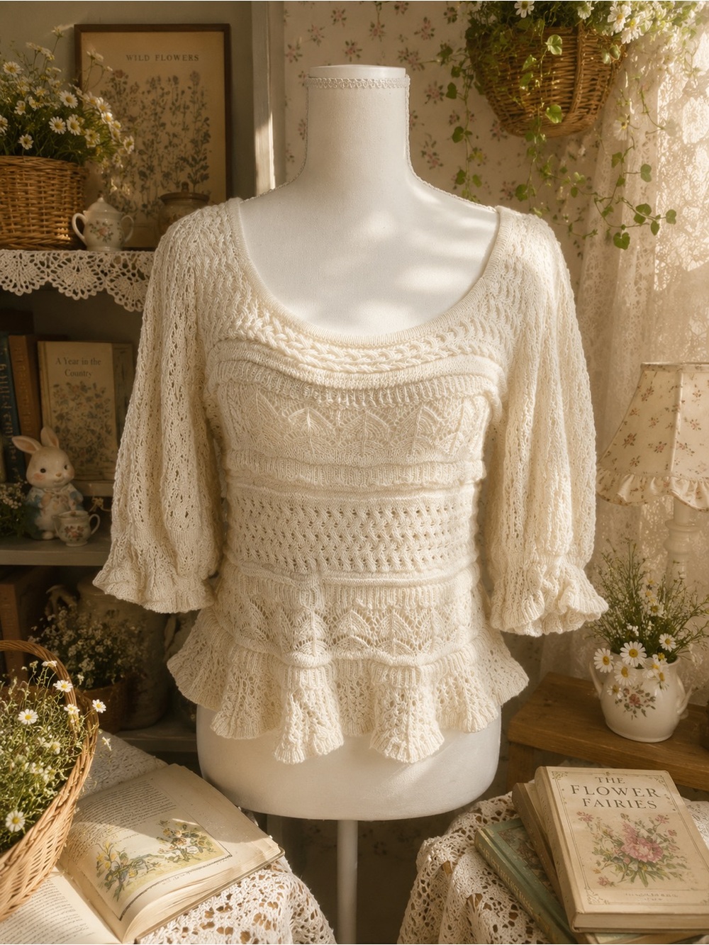 ZARA Cream Knit Peplum Top Puff Sleeve Boho Cottagecore Size M